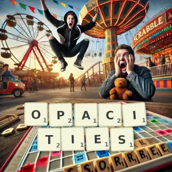 Creative illustration for a Scrabble game with the word OPACITIES spelled out in tiles on the board.