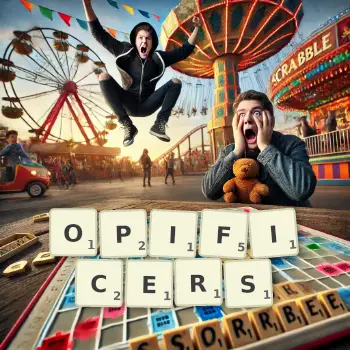 Creative illustration for a Scrabble game with the word OPIFICERS spelled out in tiles on the board.