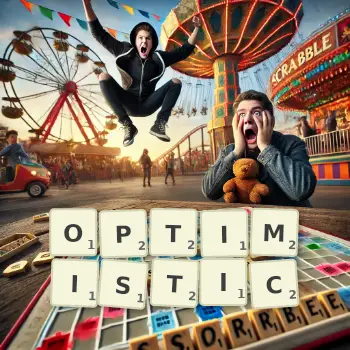Creative illustration for a Scrabble game with the word OPTIMISTIC spelled out in tiles on the board.