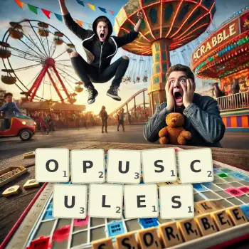 Creative illustration for a Scrabble game with the word OPUSCULES spelled out in tiles on the board.