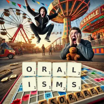 Creative illustration for a Scrabble game with the word ORALISMS spelled out in tiles on the board.