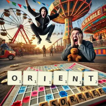 Creative illustration for a Scrabble game with the word ORIENT spelled out in tiles on the board.