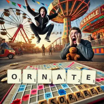 Creative illustration for a Scrabble game with the word ORNATE spelled out in tiles on the board.