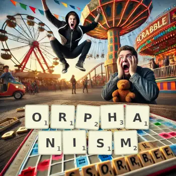 Creative illustration for a Scrabble game with the word ORPHANISM spelled out in tiles on the board.