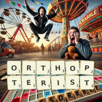 Creative illustration for a Scrabble game with the word ORTHOPTERIST spelled out in tiles on the board.