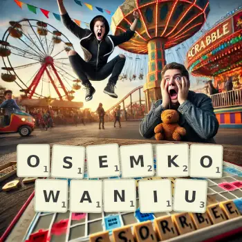 Creative illustration for a Scrabble game with the word OSEMKOWANIU spelled out in tiles on the board.