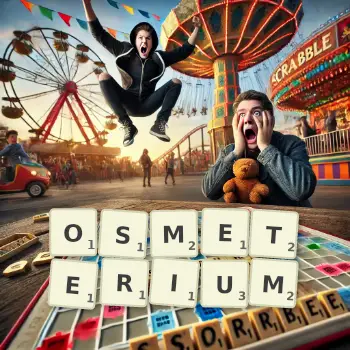 Creative illustration for a Scrabble game with the word OSMETERIUM spelled out in tiles on the board.