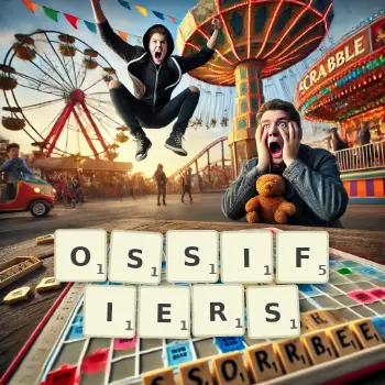 Creative illustration for a Scrabble game with the word OSSIFIERS spelled out in tiles on the board.