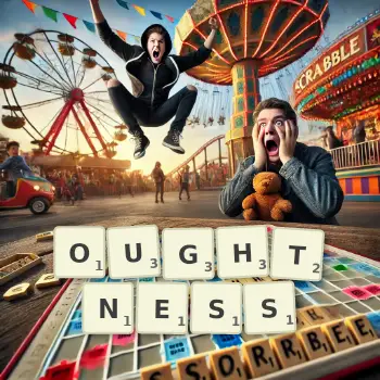 Creative illustration for a Scrabble game with the word OUGHTNESS spelled out in tiles on the board.