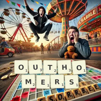 Creative illustration for a Scrabble game with the word OUTHOMERS spelled out in tiles on the board.