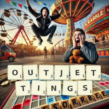 Creative illustration for a Scrabble game with the word OUTJETTINGS spelled out in tiles on the board.