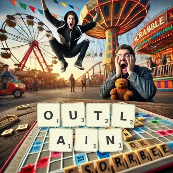 Creative illustration for a Scrabble game with the word OUTLAIN spelled out in tiles on the board.