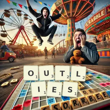 Creative illustration for a Scrabble game with the word OUTLIES spelled out in tiles on the board.