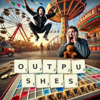 Creative illustration for a Scrabble game with the word OUTPUSHES spelled out in tiles on the board.