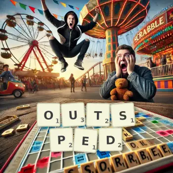 Creative illustration for a Scrabble game with the word OUTSPED spelled out in tiles on the board.