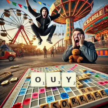 Creative illustration for a Scrabble game with the word OUY spelled out in tiles on the board.