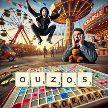 Creative illustration for a Scrabble game with the word OUZOS spelled out in tiles on the board.