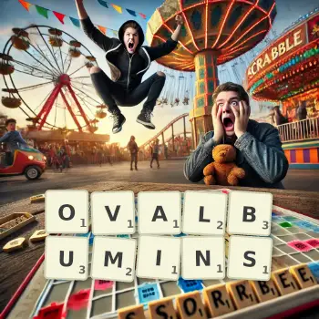 Creative illustration for a Scrabble game with the word OVALBUMINS spelled out in tiles on the board.