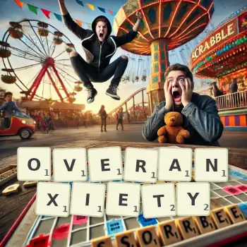Creative illustration for a Scrabble game with the word OVERANXIETY spelled out in tiles on the board.