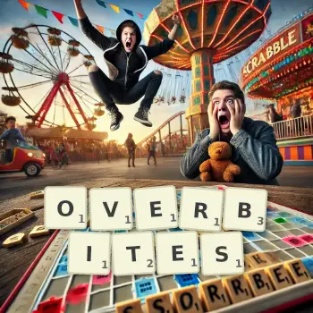 Creative illustration for a Scrabble game with the word OVERBITES spelled out in tiles on the board.