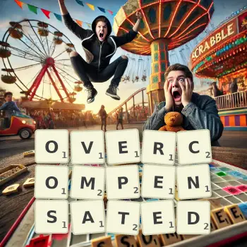 Creative illustration for a Scrabble game with the word OVERCOMPENSATED spelled out in tiles on the board.