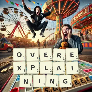 Creative illustration for a Scrabble game with the word OVEREXPLAINING spelled out in tiles on the board.