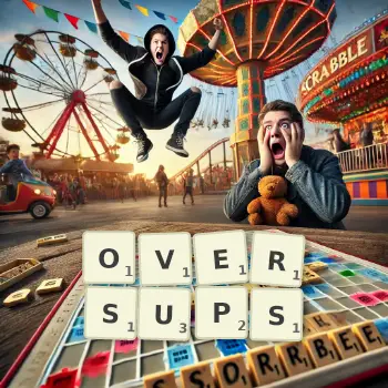 Creative illustration for a Scrabble game with the word OVERSUPS spelled out in tiles on the board.