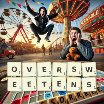 Creative illustration for a Scrabble game with the word OVERSWEETENS spelled out in tiles on the board.