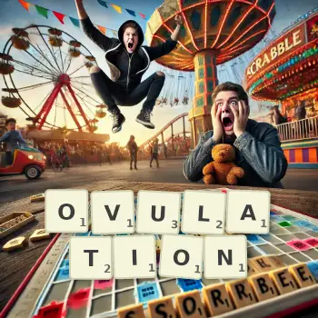 Creative illustration for a Scrabble game with the word OVULATION spelled out in tiles on the board.
