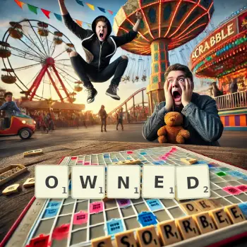 Creative illustration for a Scrabble game with the word OWNED spelled out in tiles on the board.