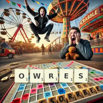Creative illustration for a Scrabble game with the word OWRES spelled out in tiles on the board.