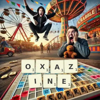Creative illustration for a Scrabble game with the word OXAZINE spelled out in tiles on the board.