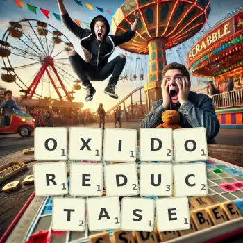 Creative illustration for a Scrabble game with the word OXIDOREDUCTASE spelled out in tiles on the board.
