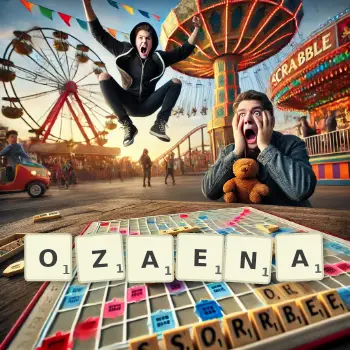 Creative illustration for a Scrabble game with the word OZAENA spelled out in tiles on the board.