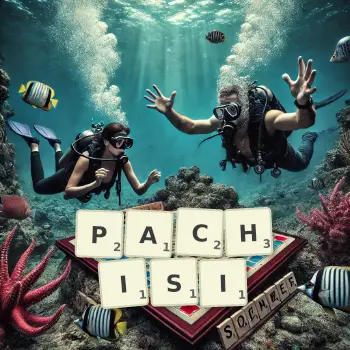 Creative illustration for a Scrabble game with the word PACHISI spelled out in tiles on the board.