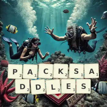 Creative illustration for a Scrabble game with the word PACKSADDLES spelled out in tiles on the board.
