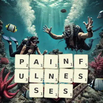 Creative illustration for a Scrabble game with the word PAINFULNESSES spelled out in tiles on the board.