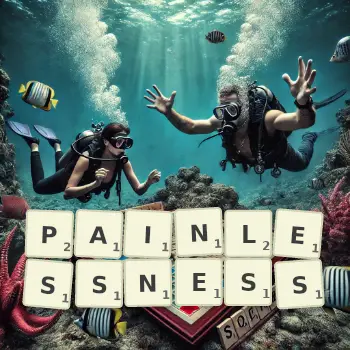 Creative illustration for a Scrabble game with the word PAINLESSNESS spelled out in tiles on the board.