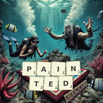 Creative illustration for a Scrabble game with the word PAINTED spelled out in tiles on the board.