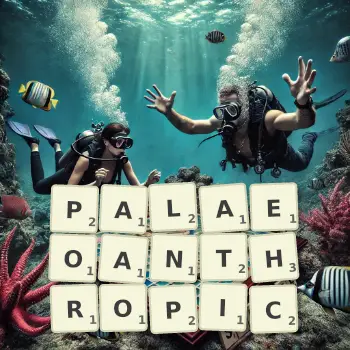Creative illustration for a Scrabble game with the word PALAEOANTHROPIC spelled out in tiles on the board.