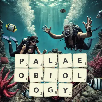 Creative illustration for a Scrabble game with the word PALAEOBIOLOGY spelled out in tiles on the board.