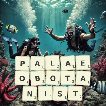 Creative illustration for a Scrabble game with the word PALAEOBOTANIST spelled out in tiles on the board.