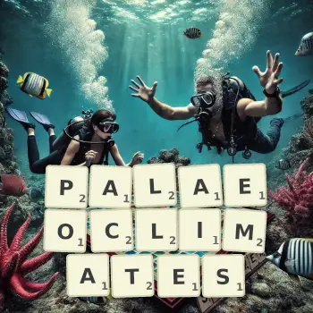 Creative illustration for a Scrabble game with the word PALAEOCLIMATES spelled out in tiles on the board.