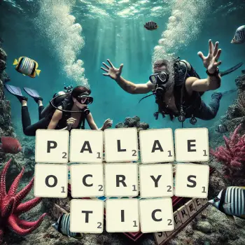 Creative illustration for a Scrabble game with the word PALAEOCRYSTIC spelled out in tiles on the board.