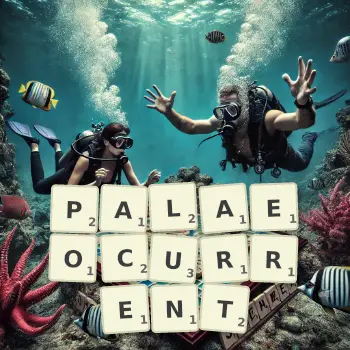 Creative illustration for a Scrabble game with the word PALAEOCURRENT spelled out in tiles on the board.