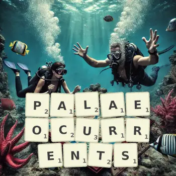 Creative illustration for a Scrabble game with the word PALAEOCURRENTS spelled out in tiles on the board.