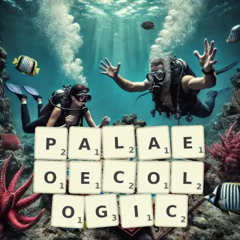 Creative illustration for a Scrabble game with the word PALAEOECOLOGIC spelled out in tiles on the board.
