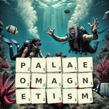 Creative illustration for a Scrabble game with the word PALAEOMAGNETISM spelled out in tiles on the board.