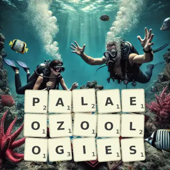 Creative illustration for a Scrabble game with the word PALAEOZOOLOGIES spelled out in tiles on the board.