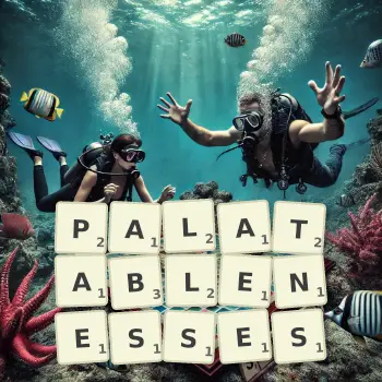 Creative illustration for a Scrabble game with the word PALATABLENESSES spelled out in tiles on the board.